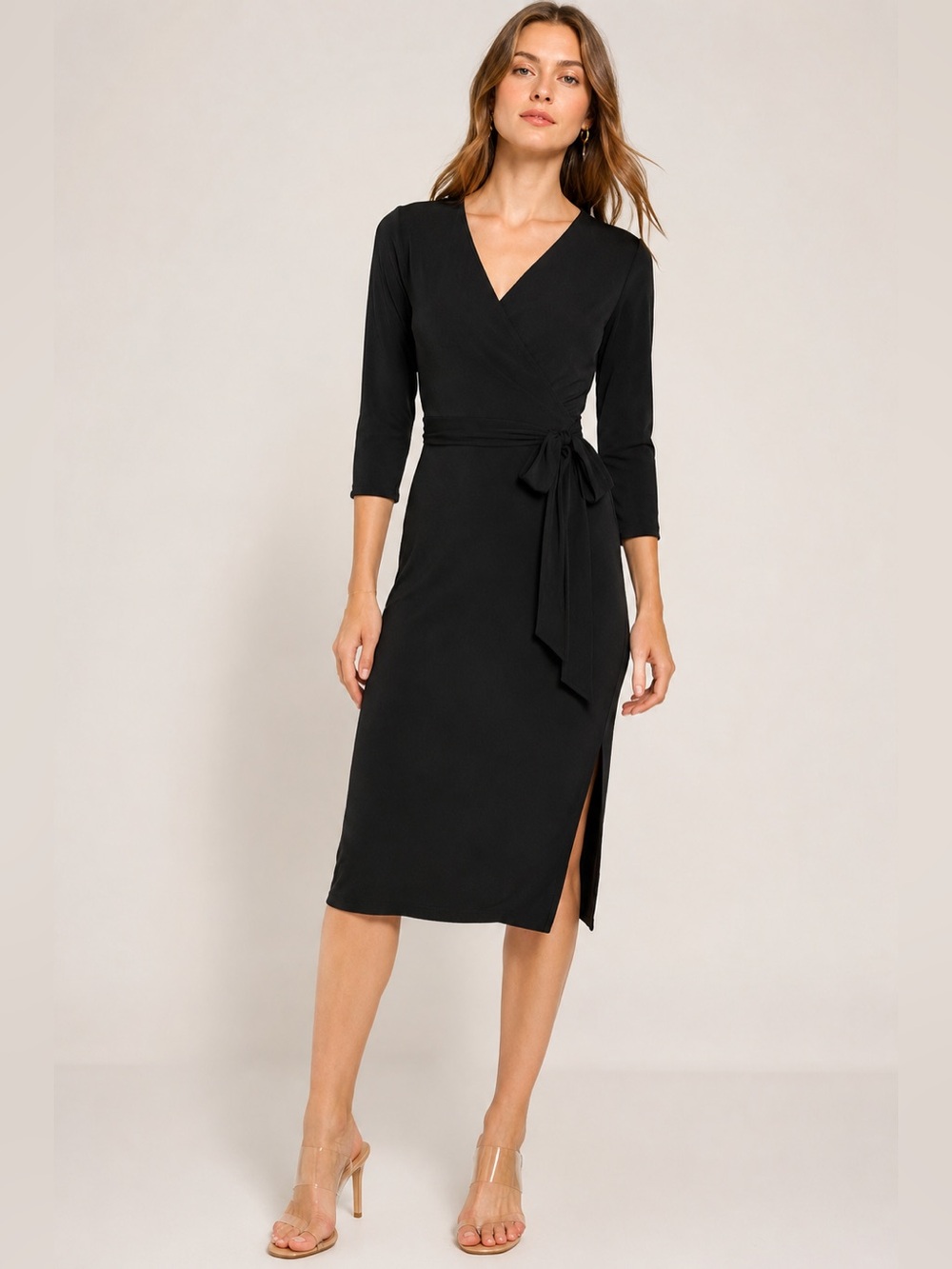 INC International Concepts Black Faux Wrap Midi Dress Flattering waist belt tie